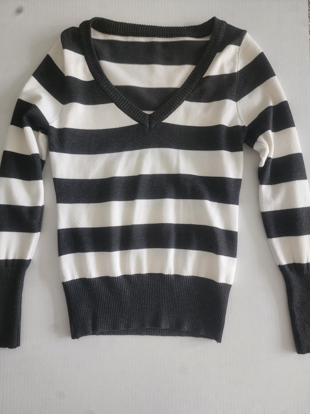 Vintage Classic Black & White Striped V-Neck Sweater